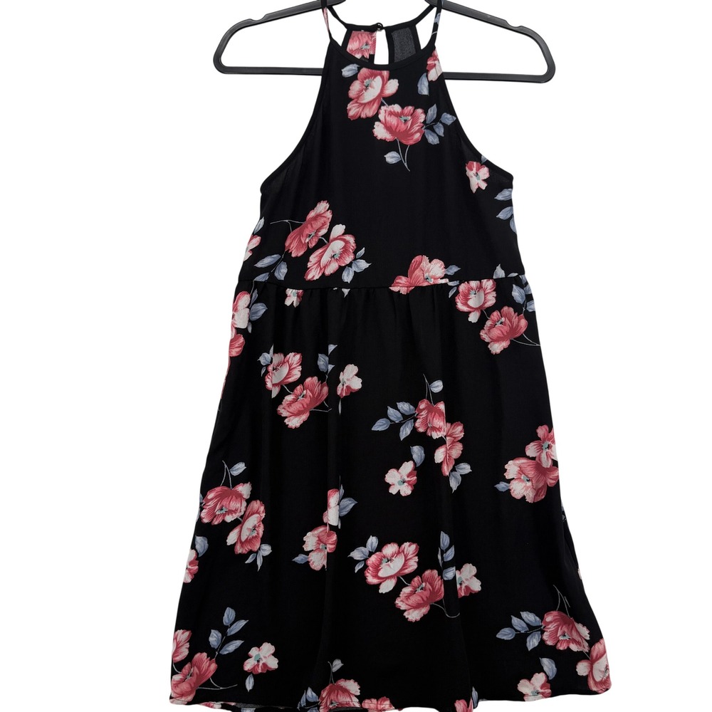 Mimi Chica Floral Mini Dress Womens Small Black Pink Halter Sleeveless DBUA268